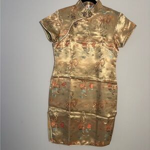 Elegant Gold Floral Cheongsam Dress, Mandarin Collar, Chinese Dress, Qipao